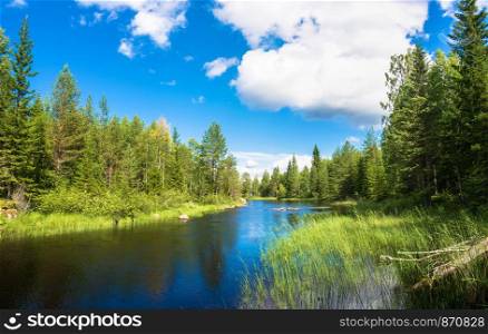 Beautiful landscape with small river in a Sunny summer day, Karelia, Russia.