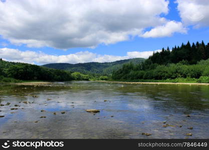 beautiful landscape with speed water in mountainous river