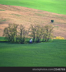 Beautiful landscape with spring nature. Chapel of St. Barbara. South Moravia - Moravian Tuscany - Czech Republic Europe..