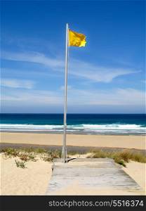 Beautiful landscape with waves breaking on the sea and yellow flag