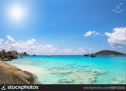 Beautiful landscapes of sun on sky over sea and beach in the summer at Koh Miang island is a attractions famous for diving in Mu Ko Similan National Park, Phang Nga Province, Thailand