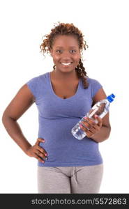 Beautiful large african woman doing exercise - Isolated over white