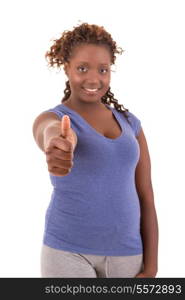 Beautiful large african woman doing exercise - Isolated over white