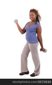 Beautiful large african woman doing exercise - Isolated over white