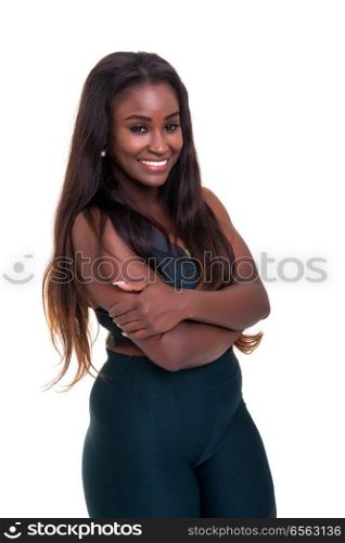 Beautiful large african woman doing exercise - Isolated over white