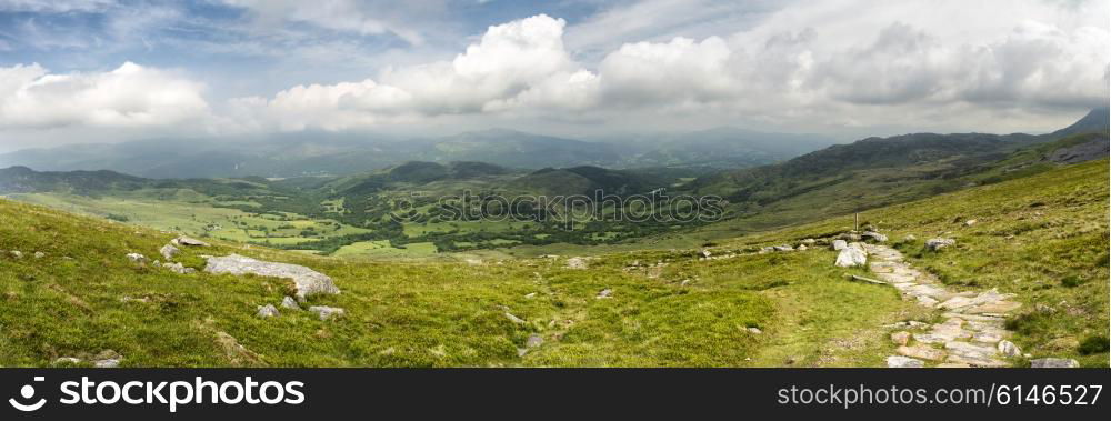 Beautiful large panorama landscape of Snowdonia National Park from Cadair Idris