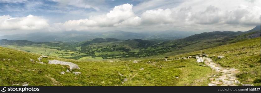 Beautiful large panorama landscape of Snowdonia National Park from Cadair Idris