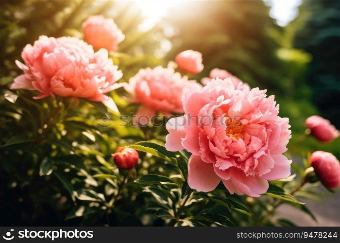 Beautiful large pink peony flowers on a bush in the garden. Generative AI