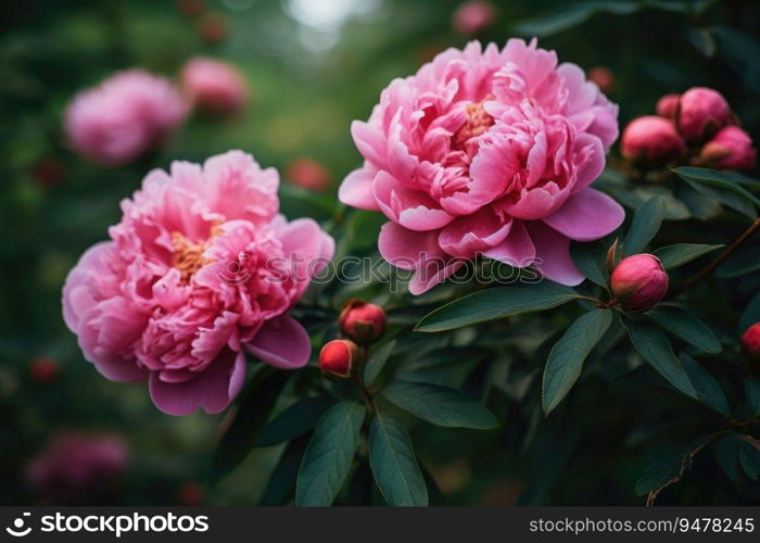 Beautiful large pink peony flowers on a bush in the garden. Generative AI