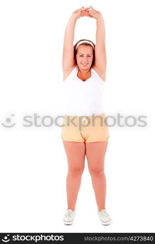 Beautiful large woman exercising - isolated over a white background