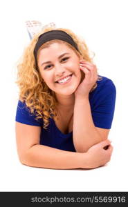 Beautiful large woman exercising - isolated over a white background