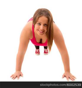 Beautiful large woman exercising - isolated over a white background