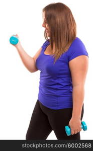 Beautiful large woman exercising - isolated over a white background