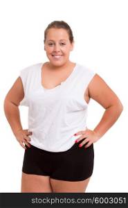 Beautiful large woman exercising - isolated over a white background
