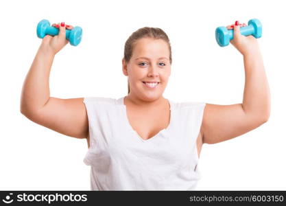 Beautiful large woman exercising - isolated over a white background