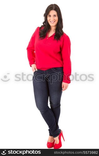 Beautiful large woman posing isolated over a white background