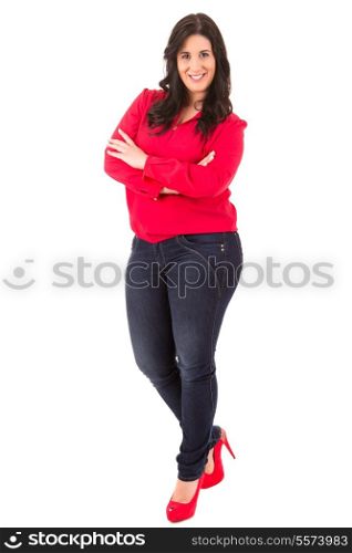 Beautiful large woman posing isolated over a white background