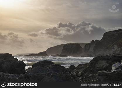 Beautiful late evening Spring landscape image of Ayrmer Cove on Devon coastline in England