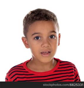 Beautiful latin child with red striped shirt isolated on a white background