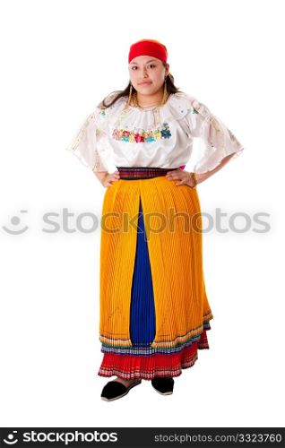 Beautiful Latin Gypsy woman from South America dressed in Folklore clothes from Ecuador, Colombia Bolivia or Venezuela, isolated.