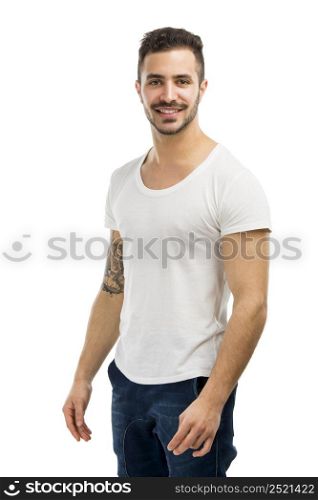 Beautiful latin man smiling, isolated on white background