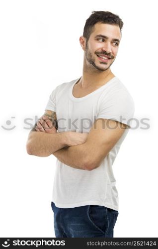 Beautiful latin man smiling, isolated on white background