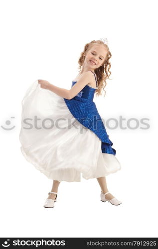 Beautiful laughing little girl with long blonde hair in the princess costume dancing in nice blue and white Empire Dress