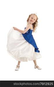 Beautiful laughing little girl with long blonde hair in the princess costume dancing in nice blue and white Empire Dress