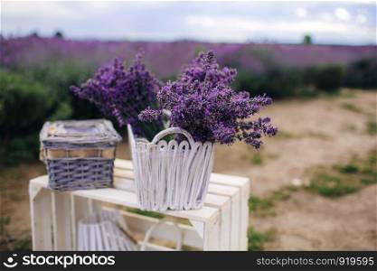 Beautiful lavender bouquet in a white wicker basket on white wooden bench. Bunch of aroma violets lavender flower. Lavender flowers in design white basket for spa aroma therapy