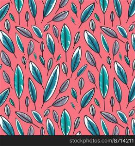 Beautiful leaf or feather pattern for textile and clothing design. Design for greeting cards or gift wrapping. Bright feathers on a pink background. Seamless pattern