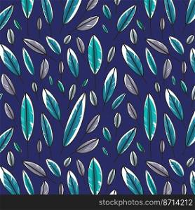 Beautiful leaf or feather pattern for textile and clothing design. Design for greeting cards or gift wrapping. Colorful leaf pattern isolated on blue background. Seamless feather pattern