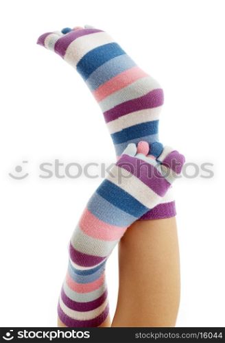 beautiful legs in funny socks over white