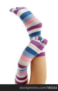 beautiful legs in funny socks over white