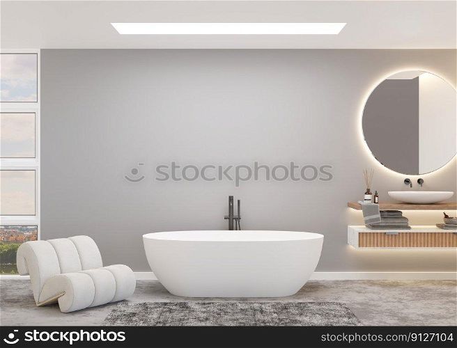 Beautiful, light and modern bathroom. Big window and city view. Bathtub, washbasin, armchair. Home interior in contemporary style. Luxury bathroom design. Interior design project. Hotel. 3D render. Beautiful, light and modern bathroom. Big window and city view. Bathtub, washbasin, armchair. Home interior in contemporary style. Luxury bathroom design. Interior design project. Hotel. 3D render.