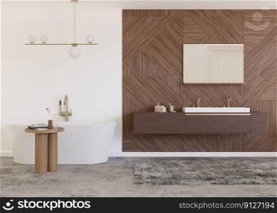 Beautiful, light and modern bathroom. White color and wooden texture. Bathtub, washbasin. Home interior in contemporary style. Luxury bathroom design. Interior design project. 3D rendering. Beautiful, light and modern bathroom. White color and wooden texture. Bathtub, washbasin. Home interior in contemporary style. Luxury bathroom design. Interior design project. 3D rendering.