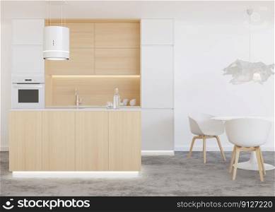 Beautiful, light and modern kitchen. White and wooden kitchen furniture. Dining table with chairs. Home interior in contemporary, scandinavian style. 3D rendering. Beautiful, light and modern kitchen. White and wooden kitchen furniture. Dining table with chairs. Home interior in contemporary, scandinavian style. 3D rendering.
