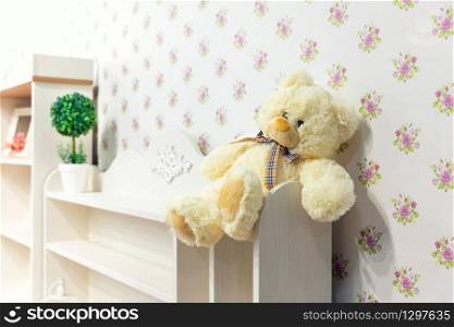 Beautiful light wooden white cupboard in children&rsquo;s room