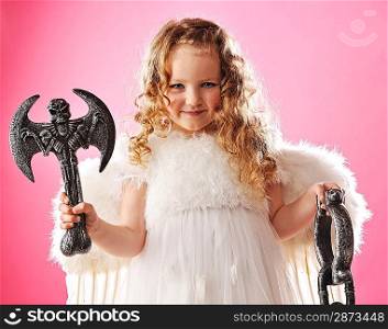 Beautiful little angel with an axe