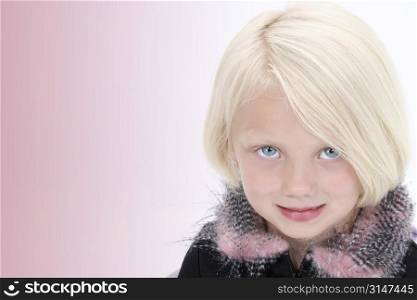 Beautiful Little Business Woman In Black Suit With Pink Feathers standing with arms crossed.