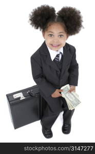 Beautiful Little Business Woman Sitting On Briefcase with Money.