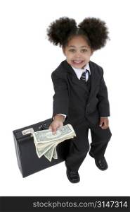 Beautiful Little Business Woman With Briefcase with big hazel eyes and a handful of cash.