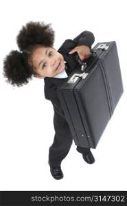 Beautiful Little Business Woman With Briefcase with big hazel eyes lifting a briefcase.