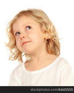 Beautiful little child looking up isolated on a white background