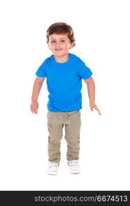 Beautiful little child three years old wearing blue t-shirt. Beautiful little child three years old wearing blue t-shirt solated on white background