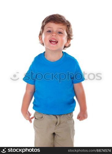 Beautiful little child three years old wearing blue t-shirt. Beautiful little child three years old wearing blue t-shirt solated on white background