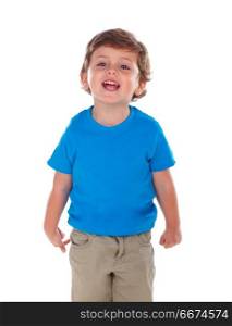 Beautiful little child three years old wearing blue t-shirt. Beautiful little child three years old wearing blue t-shirt solated on white background