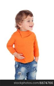 Beautiful little child two years . Beautiful little child two years old wearing jeans and orange jersey isolated on white background