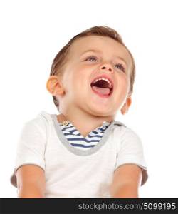 Beautiful little child two years old laughing isolated on a white background