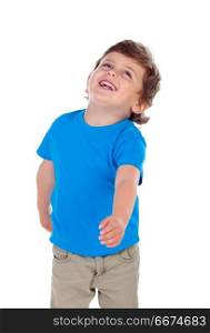 Beautiful little child two years old wearing blue t-shirt moving. Beautiful little child two years old wearing blue t-shirt moving his arms isolated on white background