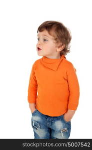 Beautiful little child two years old wearing jeans and orange jersey isolated on white background